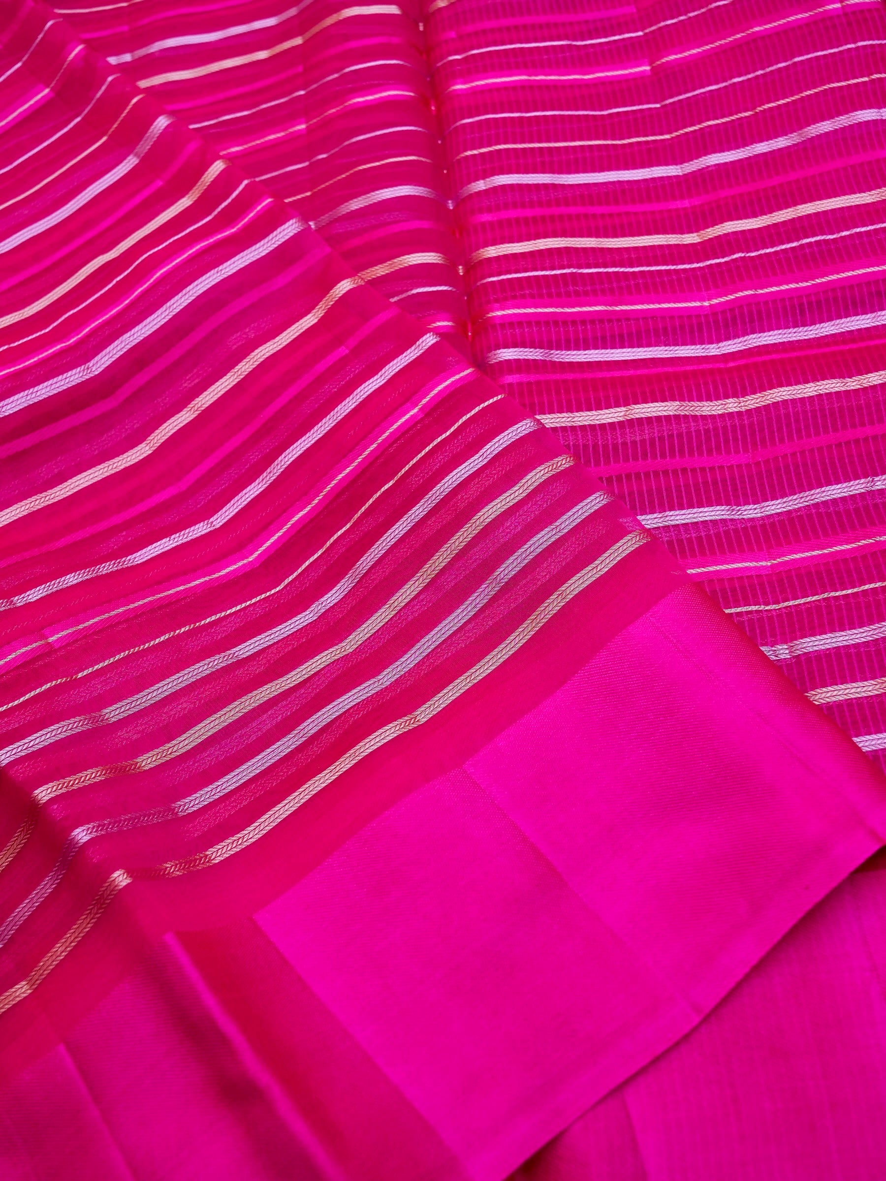 Handloom Kora Silk Banarasi Striped Saree in Pink - Khinkhwab