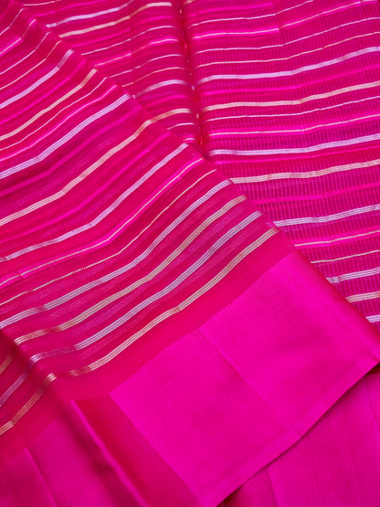 Handloom Kora Silk Banarasi Striped Saree in Pink - Khinkhwab