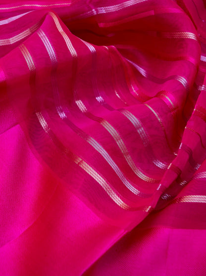 Handloom Kora Silk Banarasi Striped Saree in Pink - Khinkhwab