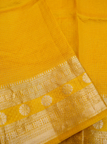 Handloom Dupion Kora Silk Banarasi Check Saree in Yellow - Khinkhwab