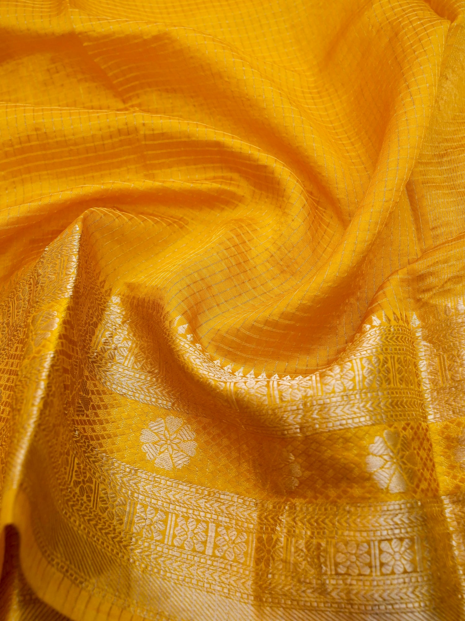Handloom Dupion Kora Silk Banarasi Check Saree in Yellow - Khinkhwab