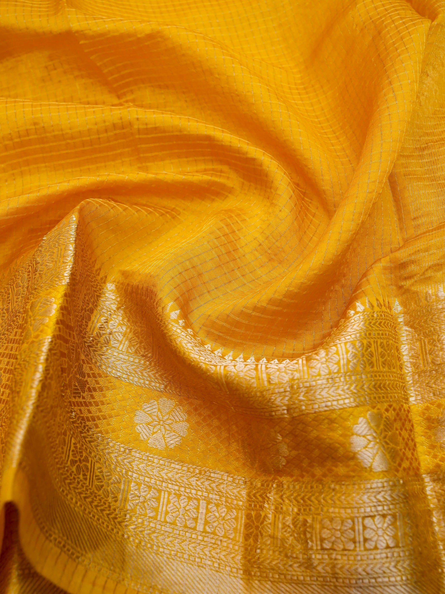 Handloom Dupion Kora Silk Banarasi Check Saree in Yellow - Khinkhwab