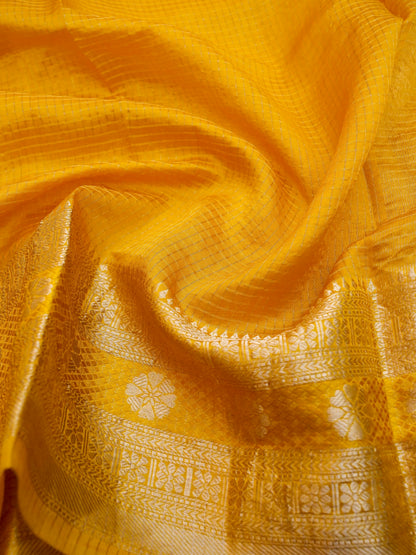 Handloom Dupion Kora Silk Banarasi Check Saree in Yellow - Khinkhwab