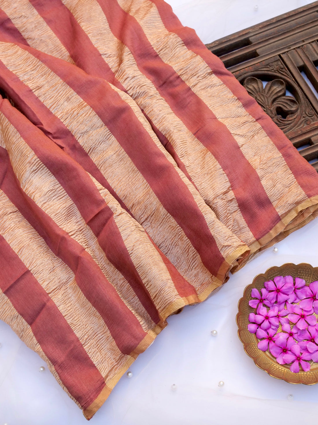 Handloom Pure Munga Tissue Crush Striped Saree in Peach - Khinkhwab