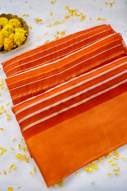 Handloom Kora Silk Banarasi Striped Saree in Orange - Khinkhwab