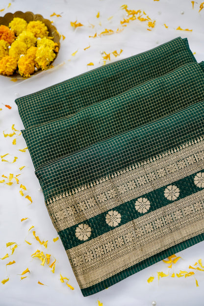 Handloom Dupion Kora Silk Banarasi Check Saree in Green - Khinkhwab