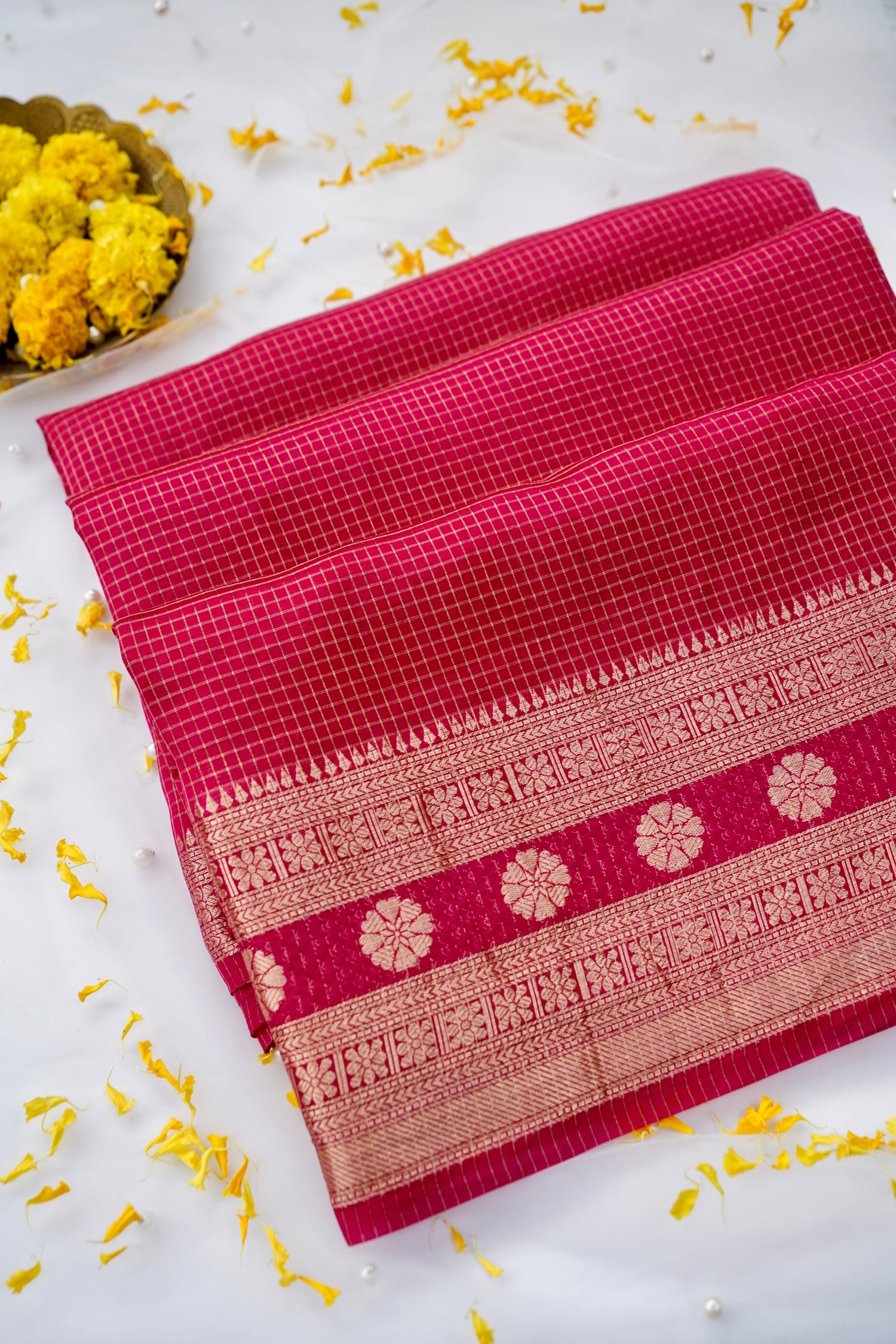 Handloom Dupion by Kora Silk Banarasi Check Saree in Pink - Khinkhwab