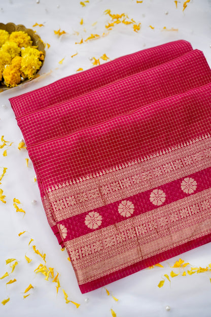 Handloom Dupion by Kora Silk Banarasi Check Saree in Pink - Khinkhwab