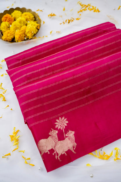 Handloom Banarasi Pure Katan Silk Kadwa Saree in Pink Nandi Motif - Khinkhwab