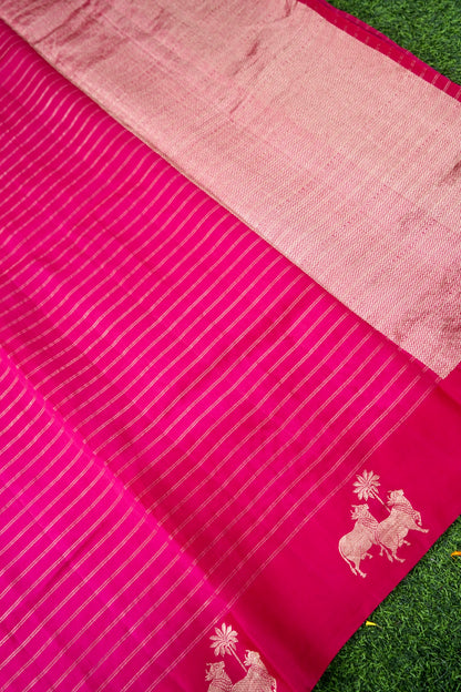 Handloom Banarasi Pure Katan Silk Kadwa Saree in Pink Nandi Motif - Khinkhwab