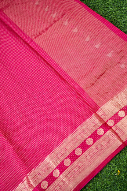 Handloom Dupion by Kora Silk Banarasi Check Saree in Pink - Khinkhwab