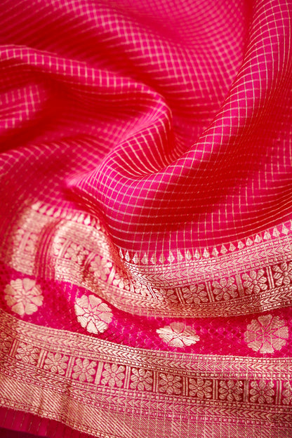 Handloom Dupion by Kora Silk Banarasi Check Saree in Pink - Khinkhwab