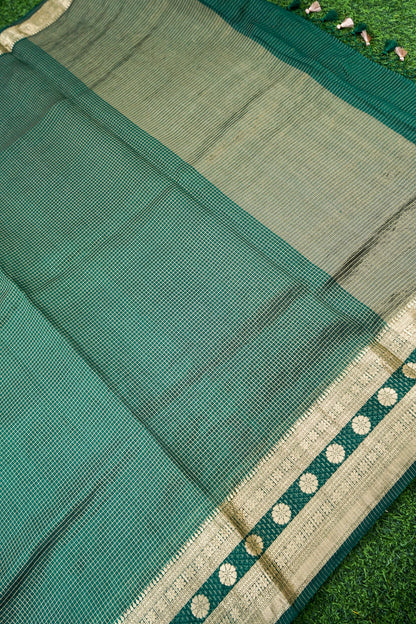 Handloom Dupion Kora Silk Banarasi Check Saree in Green - Khinkhwab