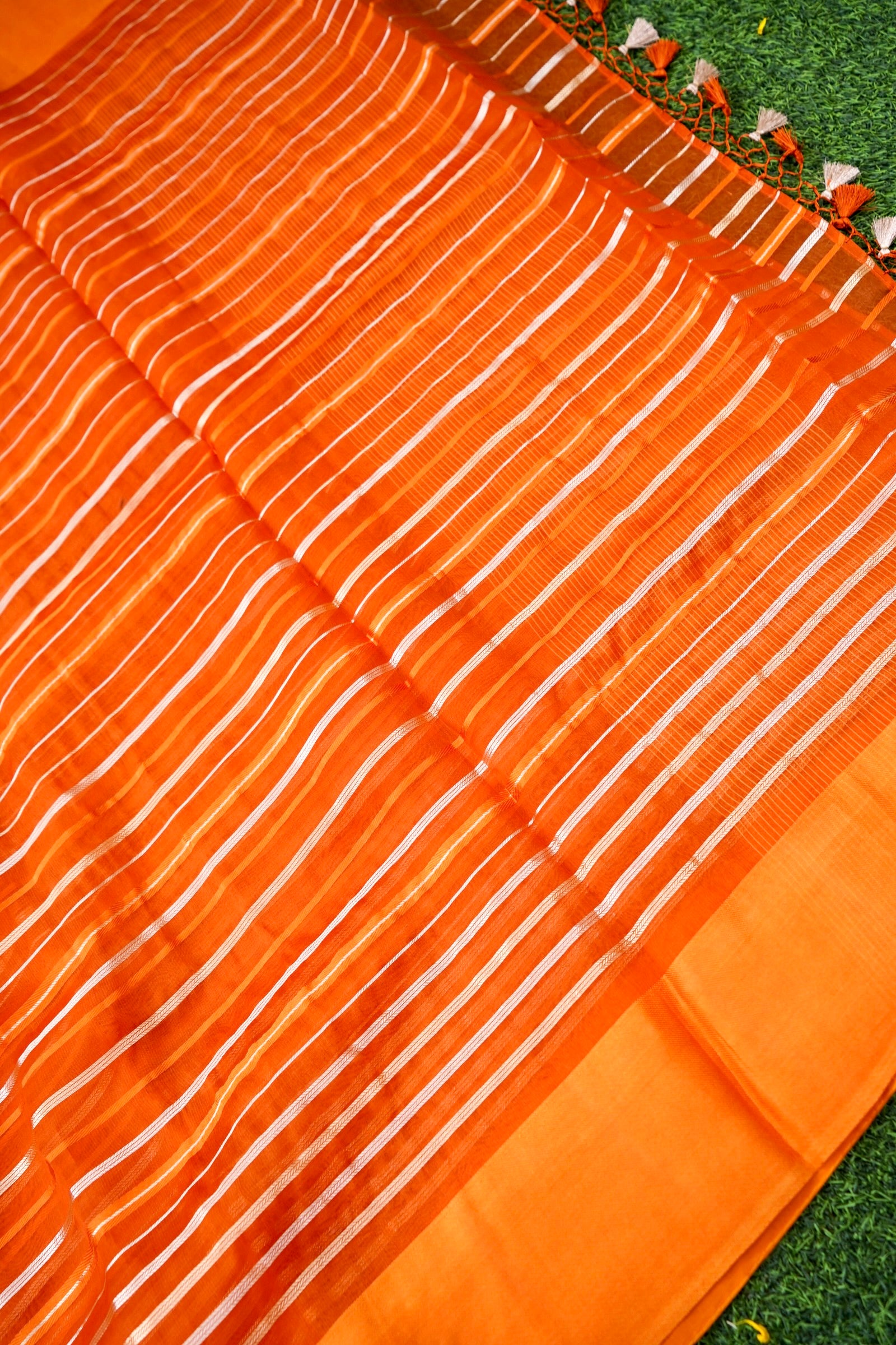 Handloom Kora Silk Banarasi Striped Saree in Orange - Khinkhwab