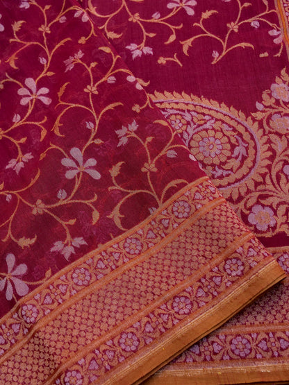 Banarasi Cotton Handloom Jamdani Ektara Saree in Red - Khinkhwab