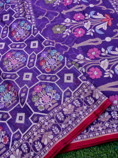 Handloom Cotton Ektara Banarasi Saree in Purple - Khinkhwab