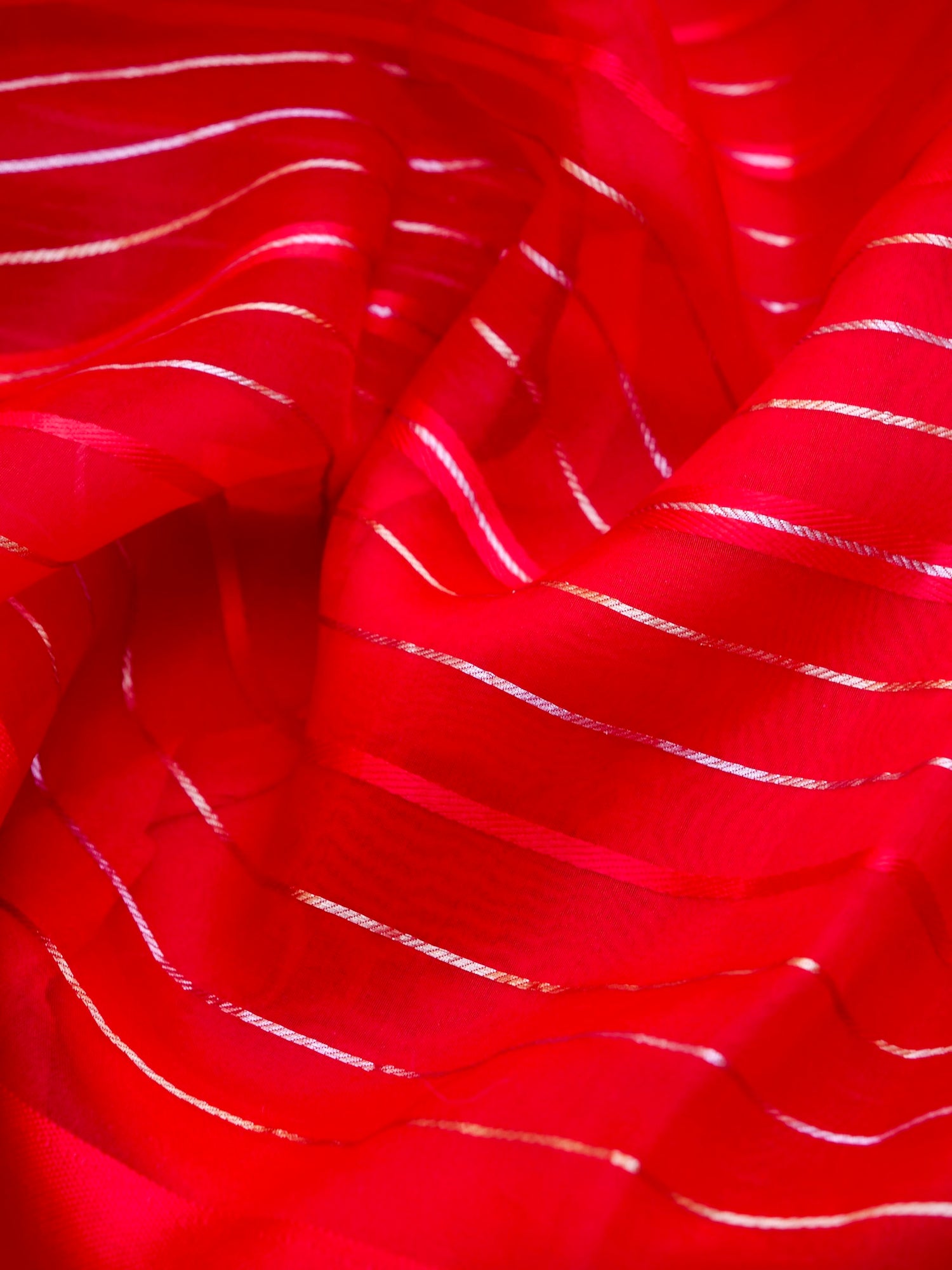 Handloom Kora Silk Banarasi Striped Saree in Red - Khinkhwab