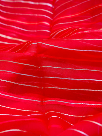 Handloom Kora Silk Banarasi Striped Saree in Red - Khinkhwab