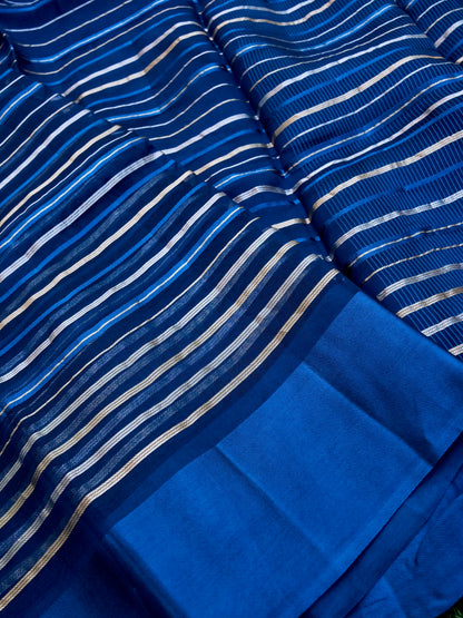 Handloom Kora Silk Banarasi Striped Saree in Blue - Khinkhwab