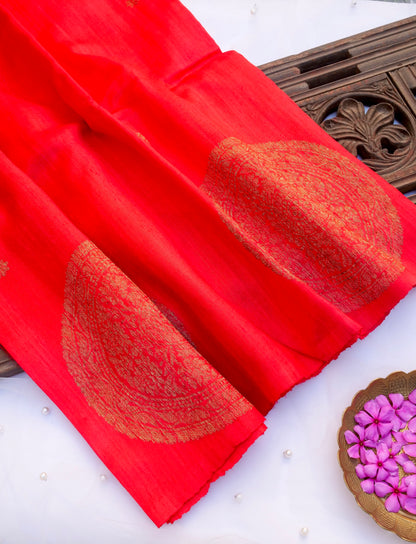 Handloom Raw Silk Kadhua Banarasi Saree in Red with Chanda Boota - Khinkhwab