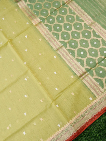 Handwoven Banarasi Kora Cotton Kadwa Booti Saree in Butter Yellow