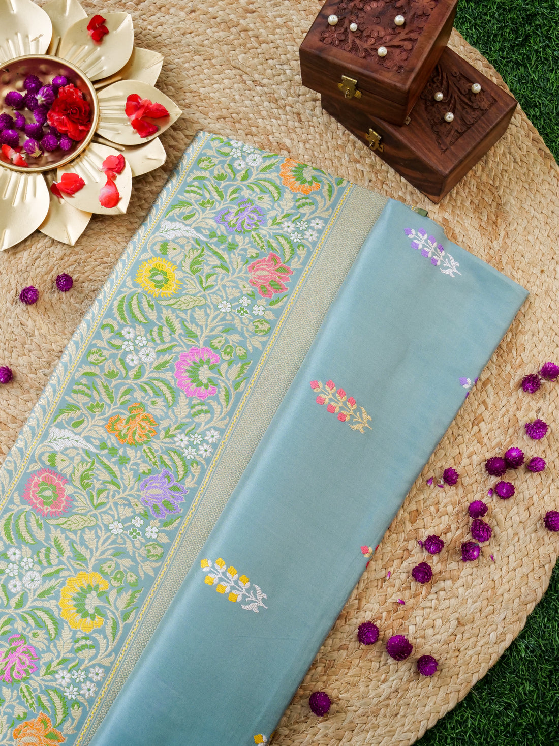 Handwoven Banarasi Katan Silk Tanchoi Tilfi Border Saree in Duck Egg Blue