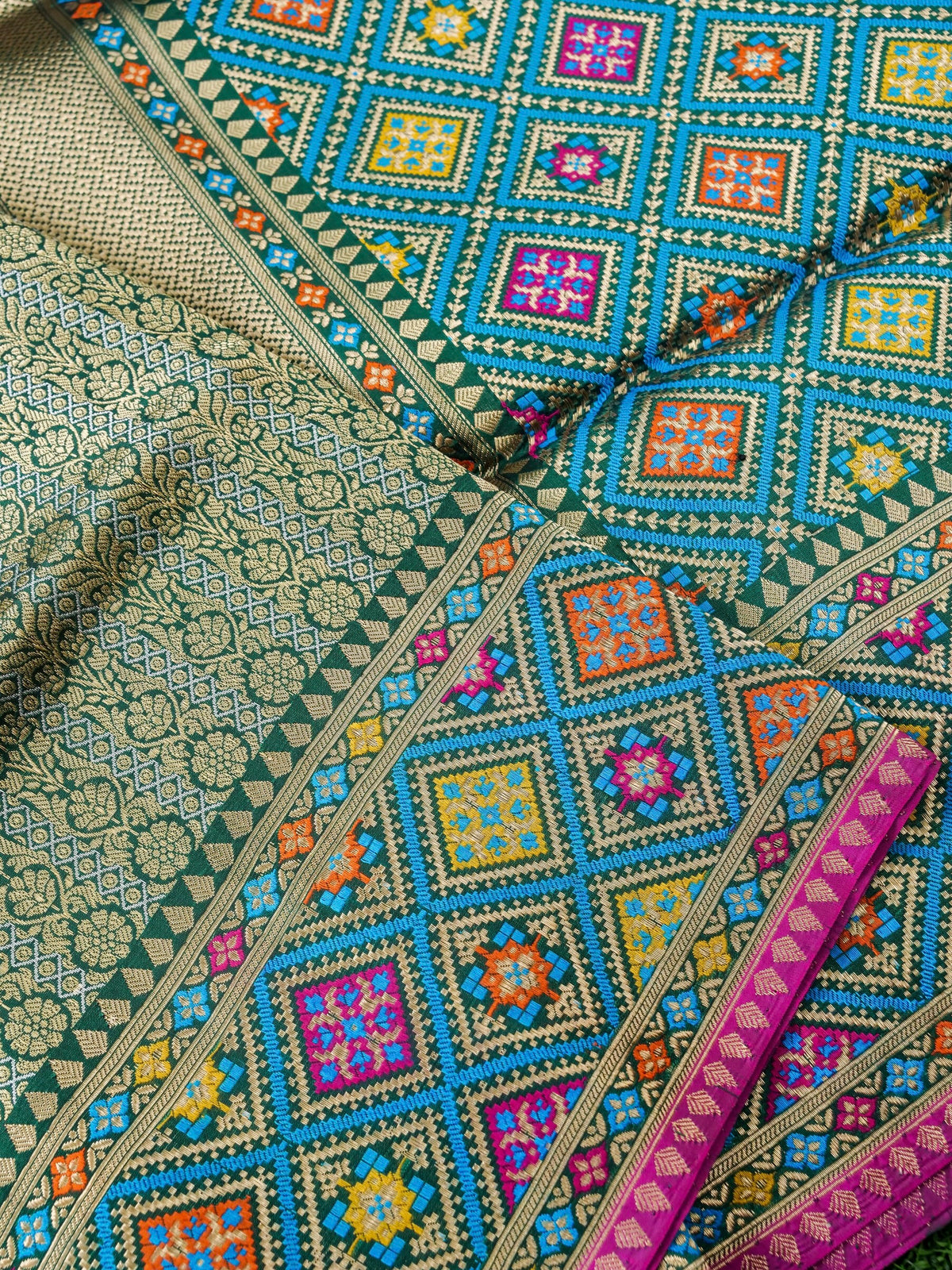 Handwoven Banarasi Katan Silk Patola Border Saree in Bottle Green and Blue