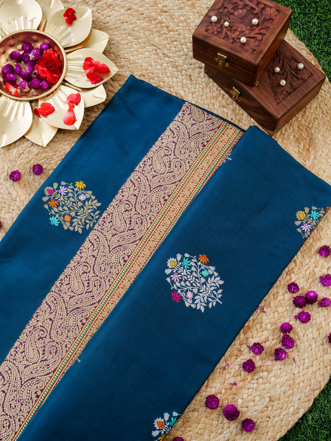 Handwoven Banarasi Katan Silk Kadwa Mina Boota Saree in Prussian Blue