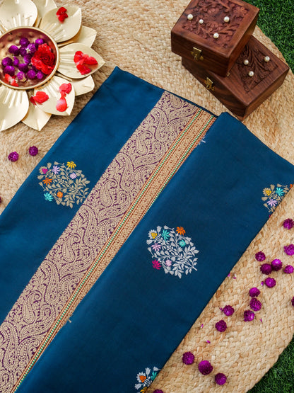 Handwoven Banarasi Katan Silk Kadwa Mina Boota Saree in Prussian Blue