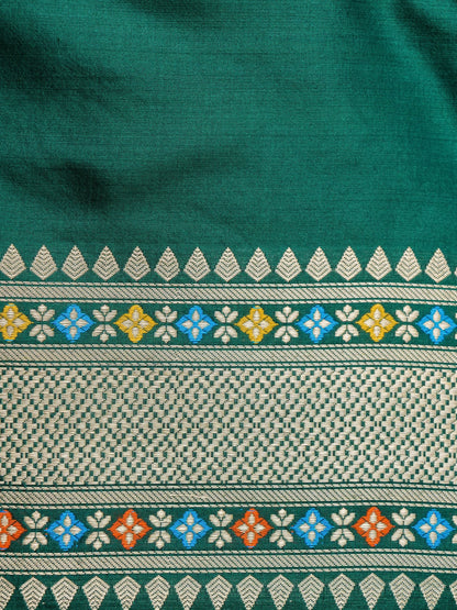 Handwoven Banarasi Katan Silk Patola Border Saree in Bottle Green and Blue