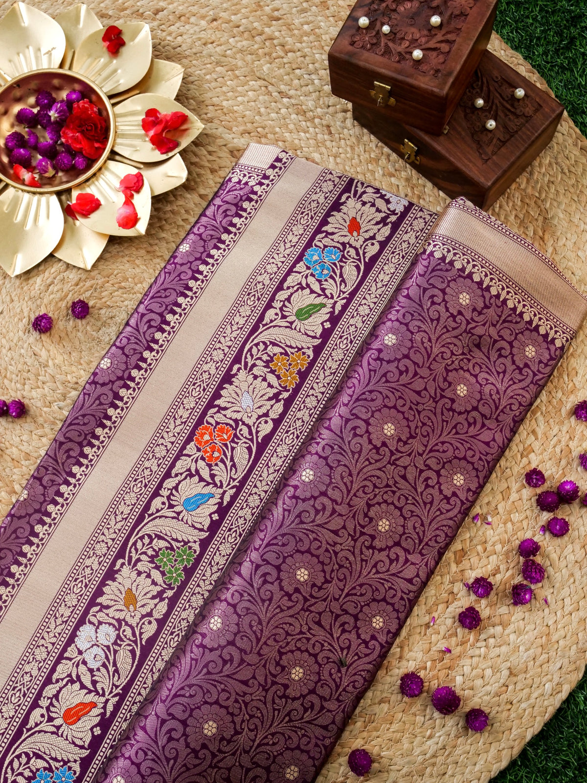 Handwoven Banarasi Tanchoi Silk Saree with Mina Border in Magenta