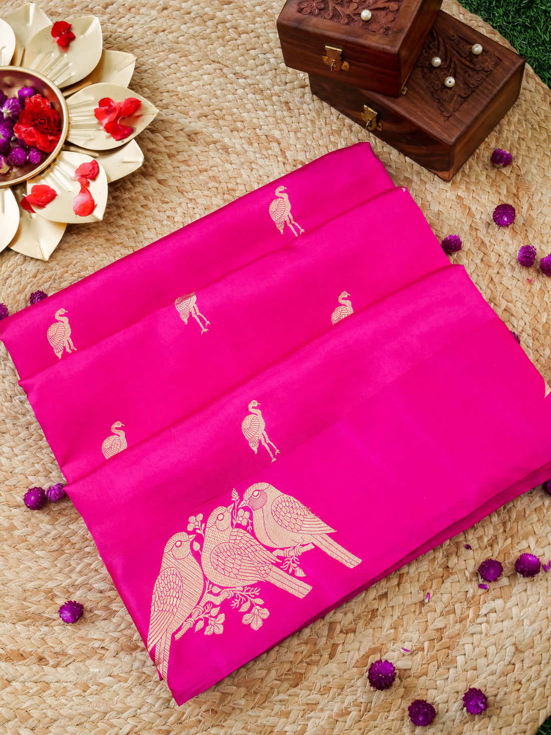 Handwoven Banarasi Katan Silk Bird Motif Saree in Rani Pink