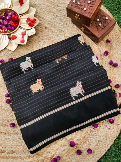 Handwoven Banarasi Katan Silk Kadwa Saree with Meenakari Nandi Motif in Black