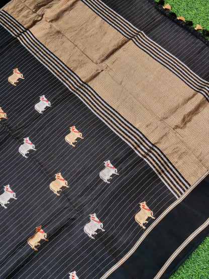 Handwoven Banarasi Katan Silk Kadwa Saree with Meenakari Nandi Motif in Black