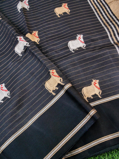 Handwoven Banarasi Katan Silk Kadwa Saree with Meenakari Nandi Motif in Black