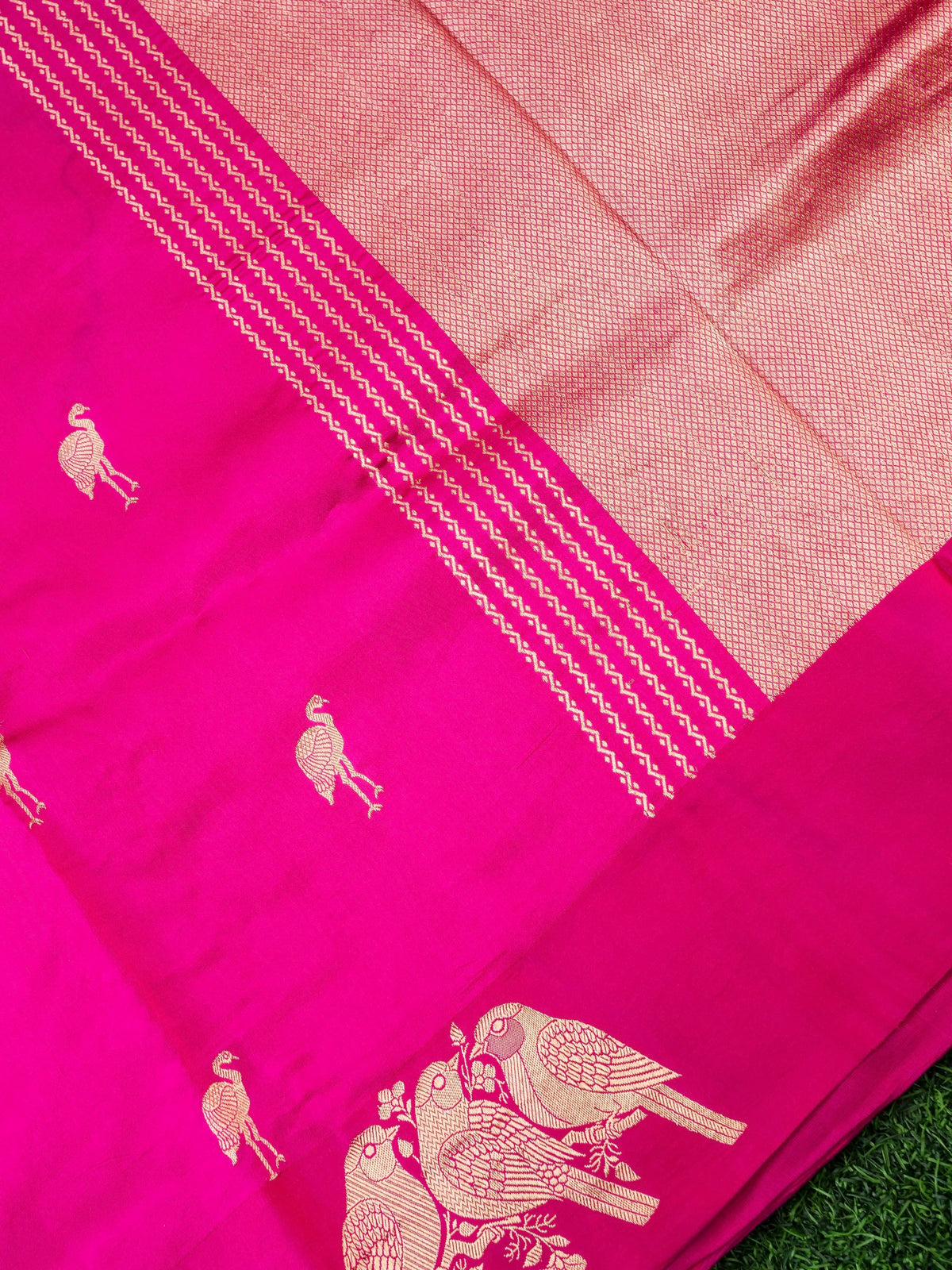 Handwoven Banarasi Katan Silk Bird Motif Saree in Rani Pink