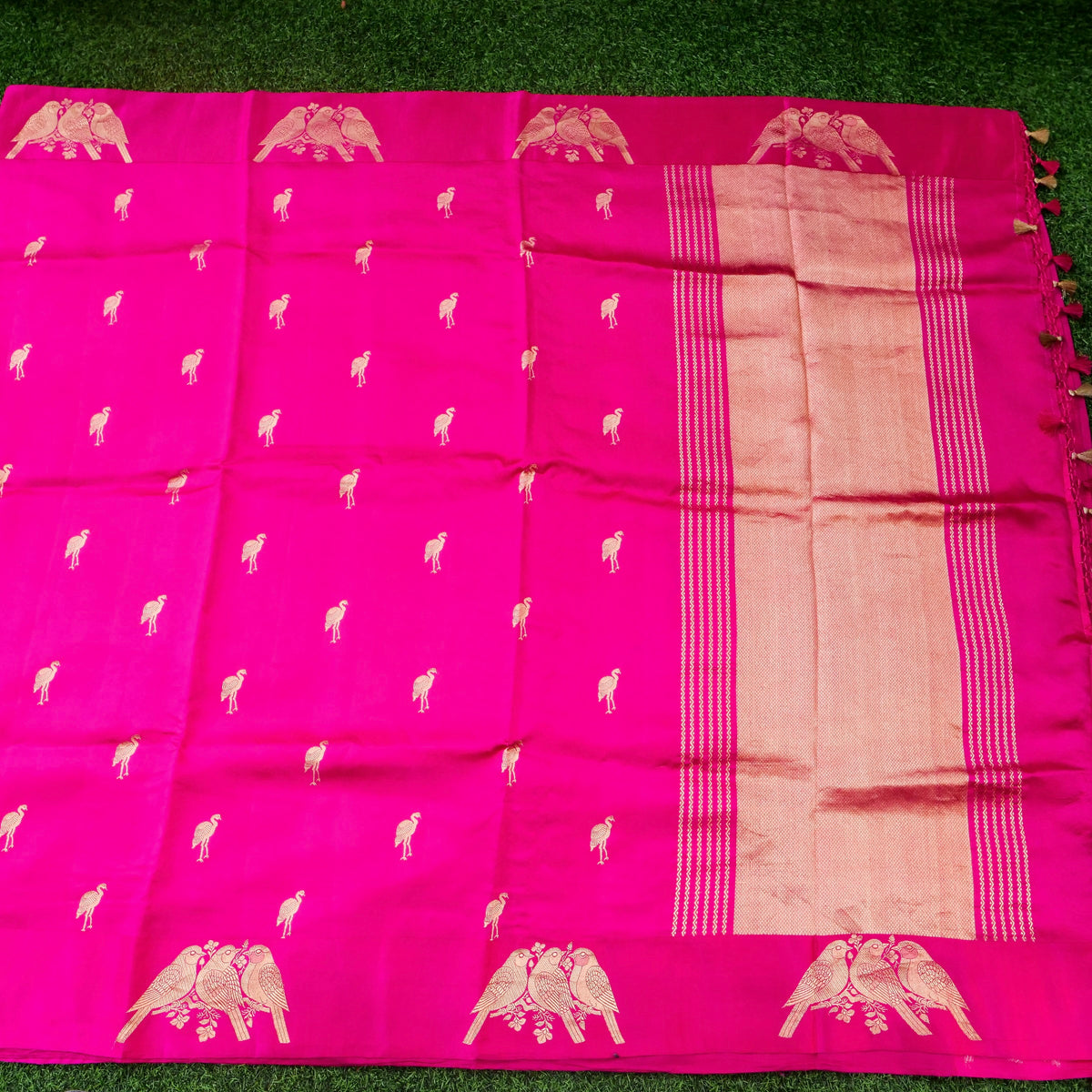 Handwoven Banarasi Katan Silk Bird Motif Saree in Rani Pink