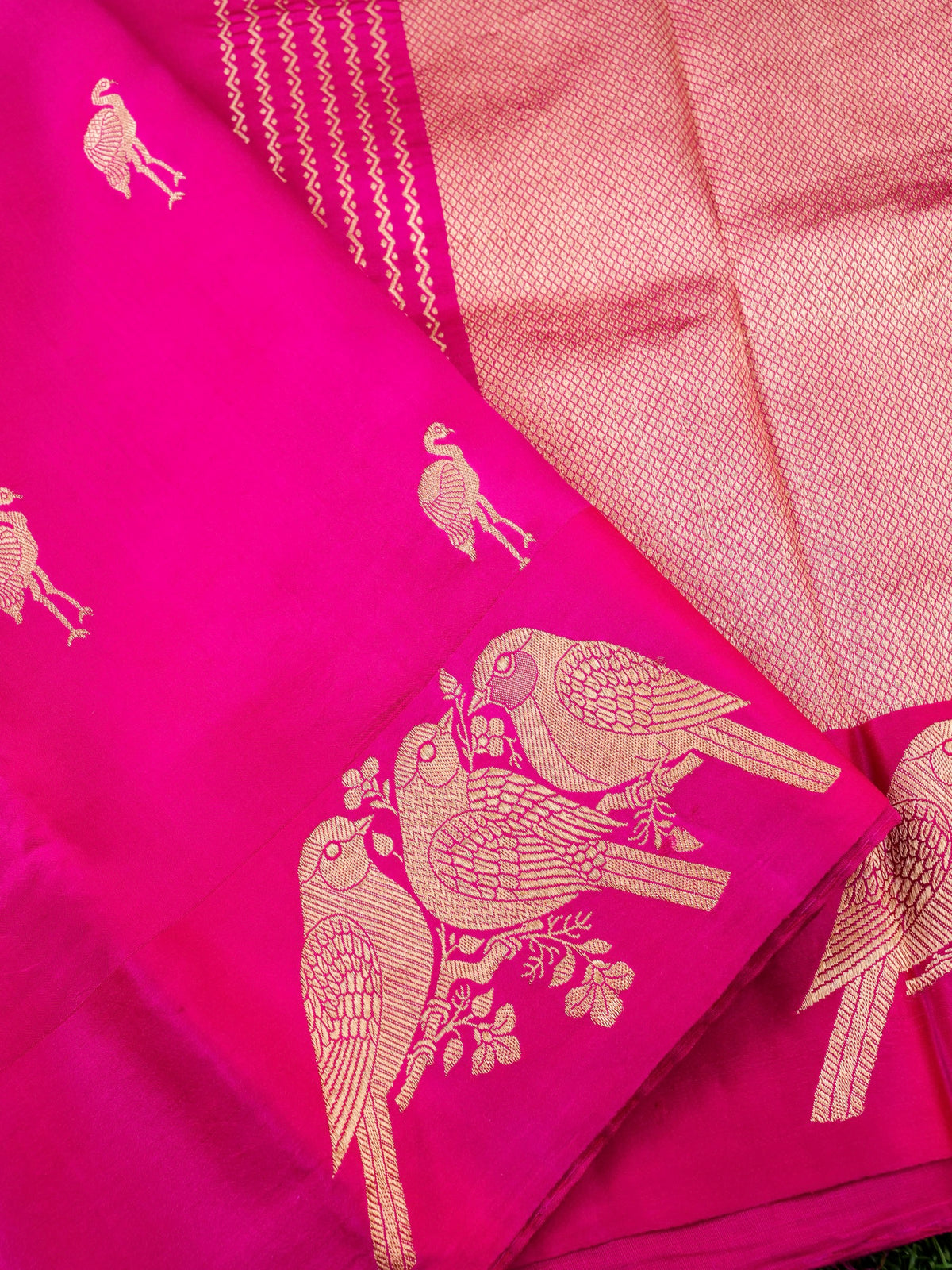 Handwoven Banarasi Katan Silk Bird Motif Saree in Rani Pink