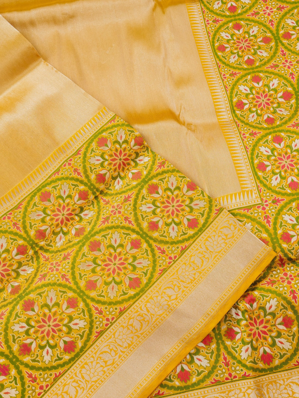 Handwoven Banarasi Katan Silk Tissue Tilfi Skirt Border Saree in Antique Gold