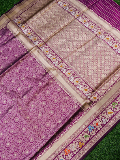 Handwoven Banarasi Tanchoi Silk Saree with Mina Border in Magenta