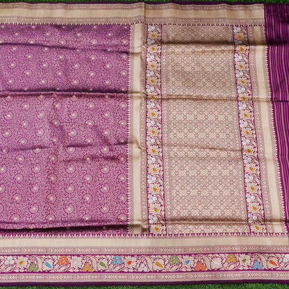 Handwoven Banarasi Tanchoi Silk Saree with Mina Border in Magenta