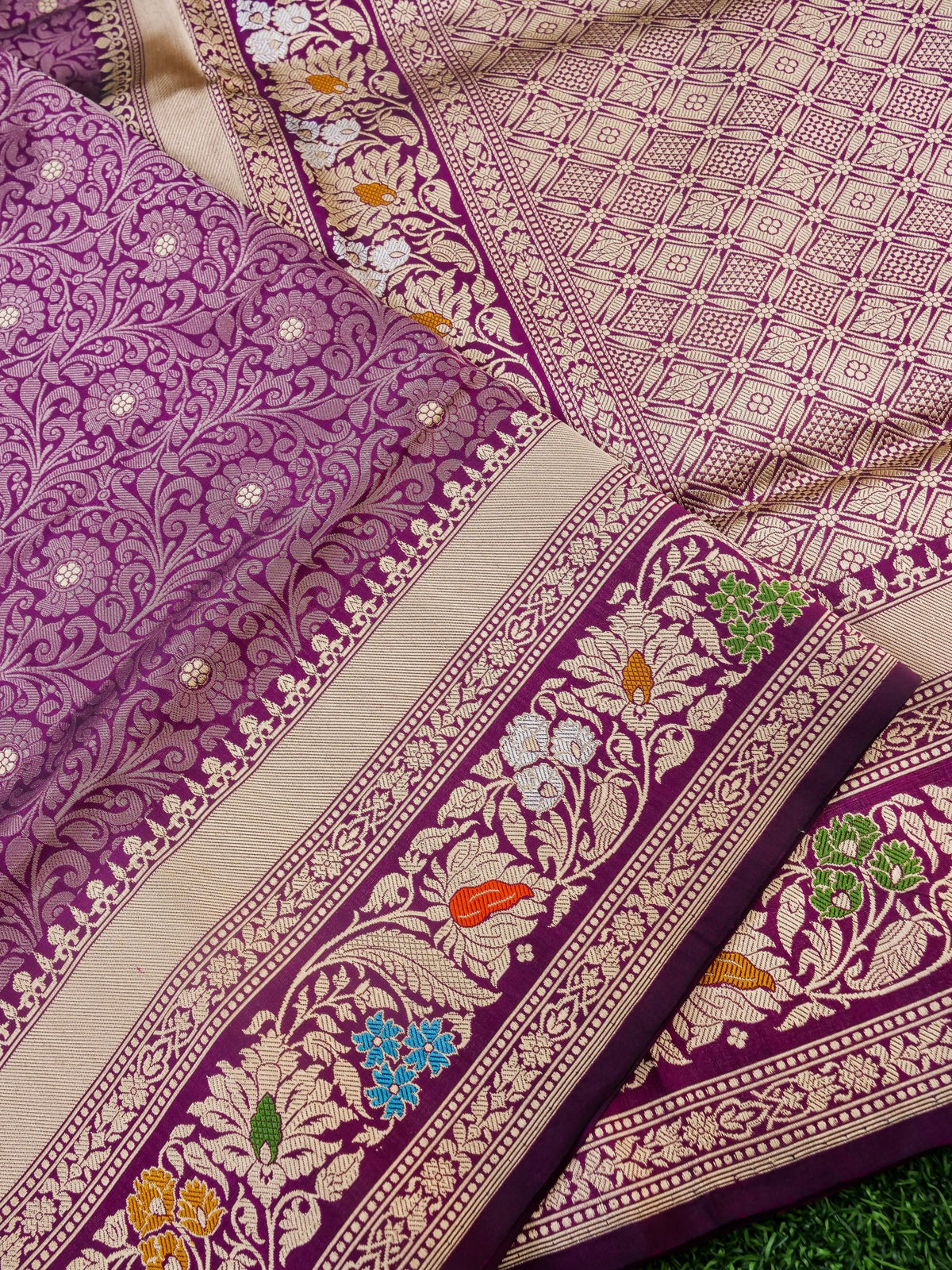Handwoven Banarasi Tanchoi Silk Saree with Mina Border in Magenta