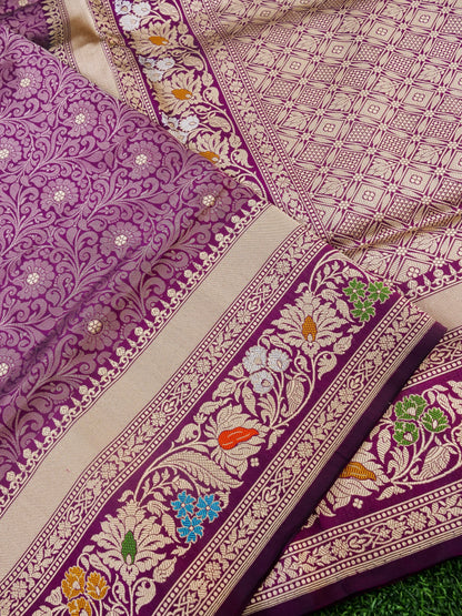 Handwoven Banarasi Tanchoi Silk Saree with Mina Border in Magenta
