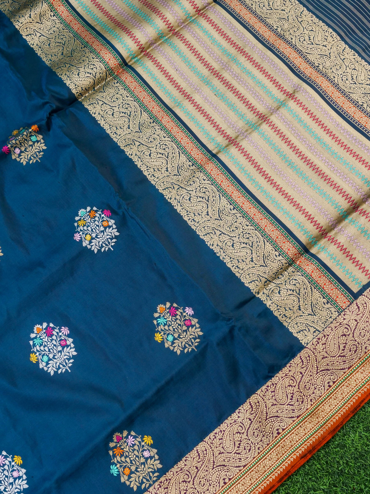 Handwoven Banarasi Katan Silk Kadwa Mina Boota Saree in Prussian Blue