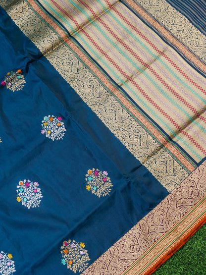 Handwoven Banarasi Katan Silk Kadwa Mina Boota Saree in Prussian Blue