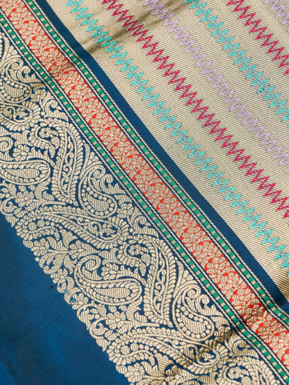 Handwoven Banarasi Katan Silk Kadwa Mina Boota Saree in Prussian Blue