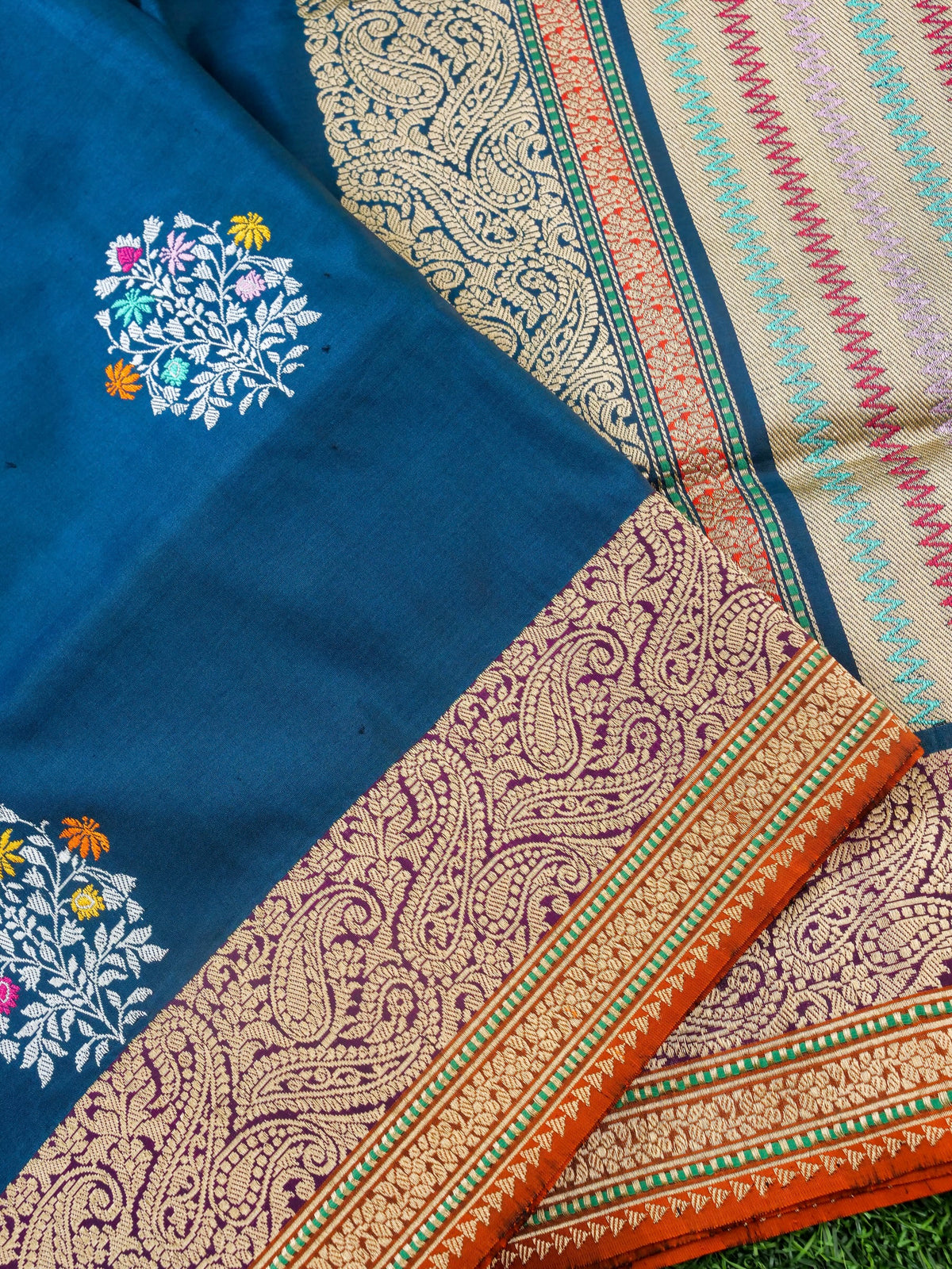 Handwoven Banarasi Katan Silk Kadwa Mina Boota Saree in Prussian Blue