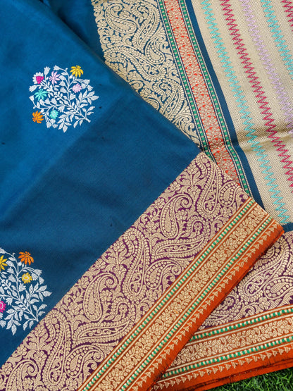Handwoven Banarasi Katan Silk Kadwa Mina Boota Saree in Prussian Blue