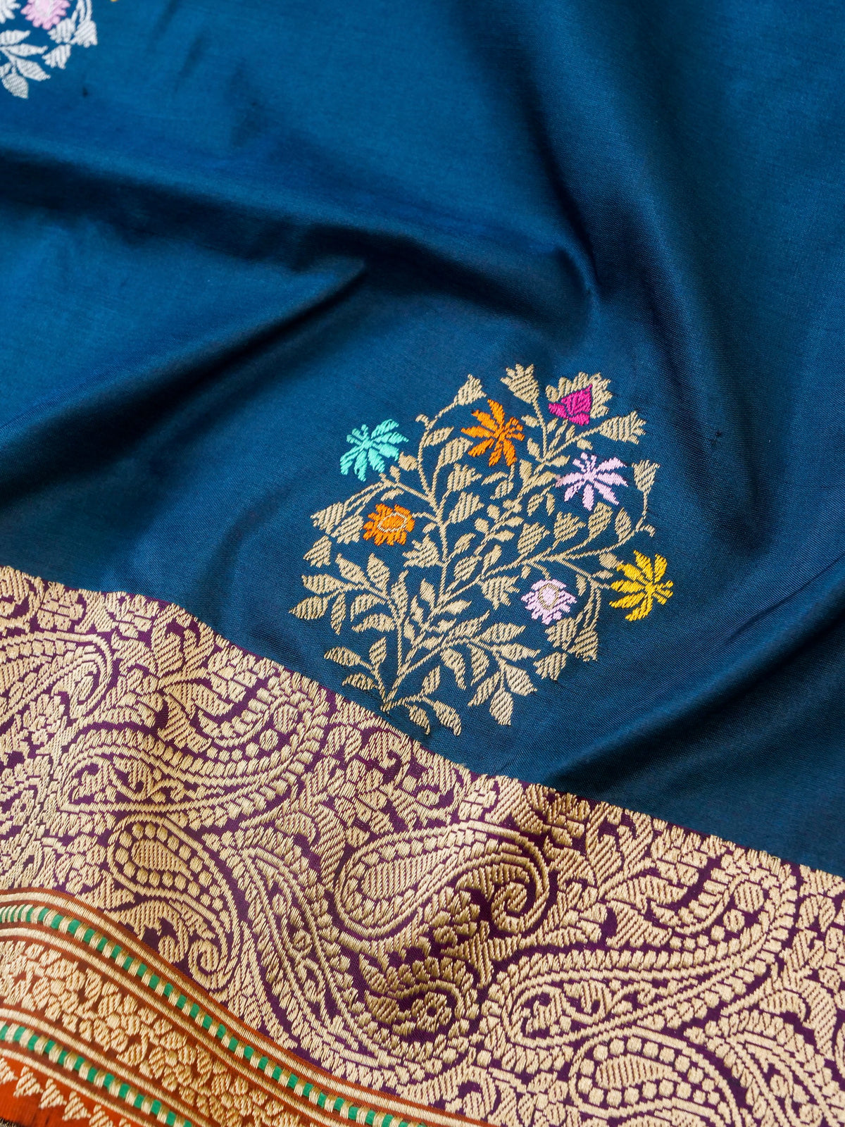 Handwoven Banarasi Katan Silk Kadwa Mina Boota Saree in Prussian Blue