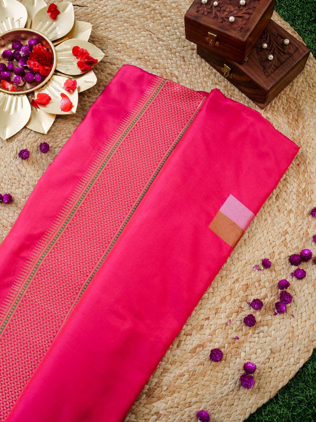 Handwoven Banarasi Katan Silk Double Tani Saree in Cerise Pink